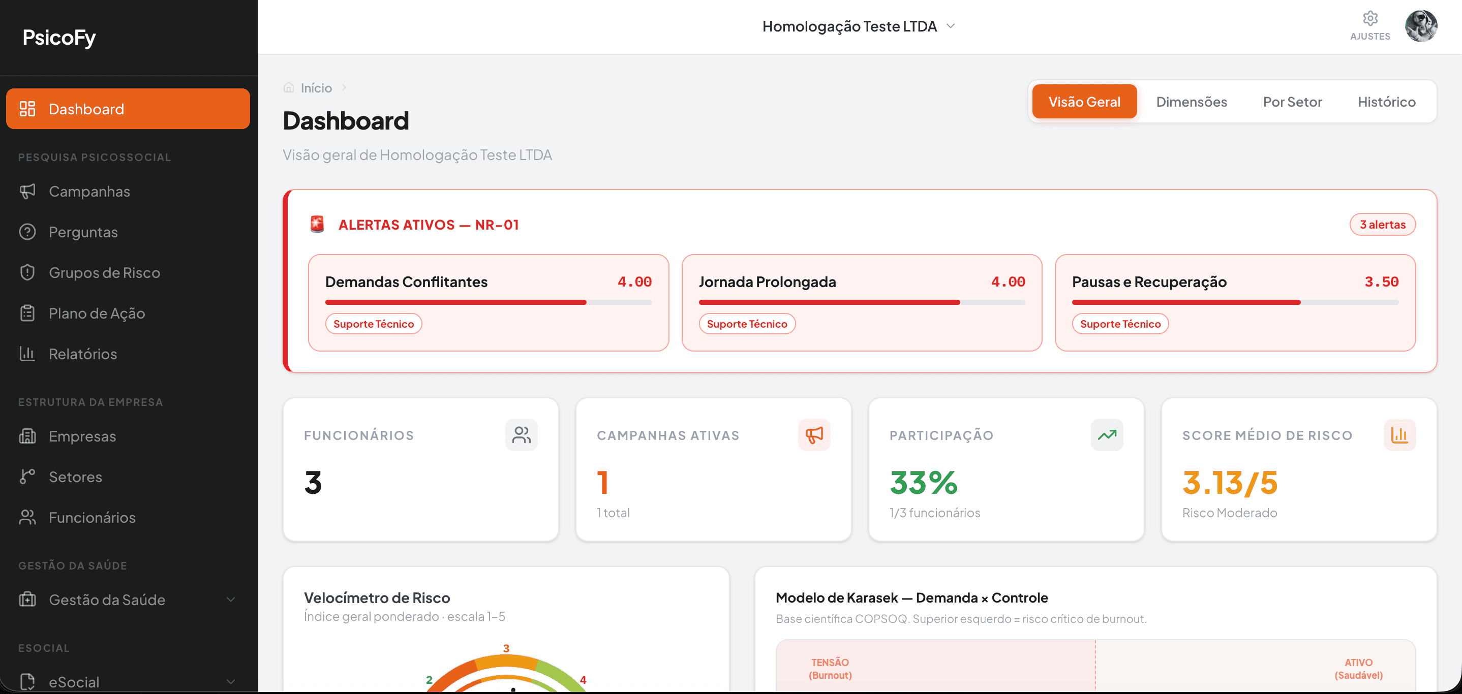 PsicoFy Dashboard — Mapa de Risco COPSOQ